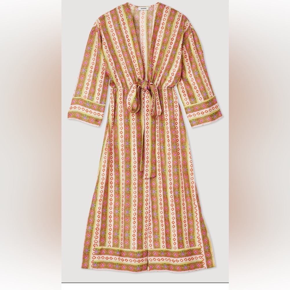 Gently worn Sandro CAFTAN DRESS WITH FLOWER STRIPES PRINT! 100% silk.